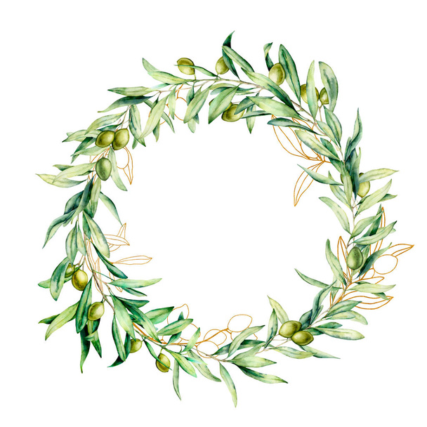 緑と金色のオリーブベリーと水彩花輪。オリーブの果実と木の枝と葉が孤立した白い背景を持つ手描きの花の境界線。デザイン、プリント、ファブリック用. - 写真・画像