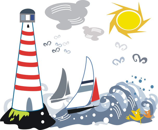 Caricature vectorielle de yachts en mer orageuse près du phare
. - Vecteur, image