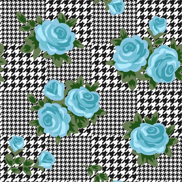 vector houndstooth seamless black and white pattern with blue retro roses - Vettoriali, immagini