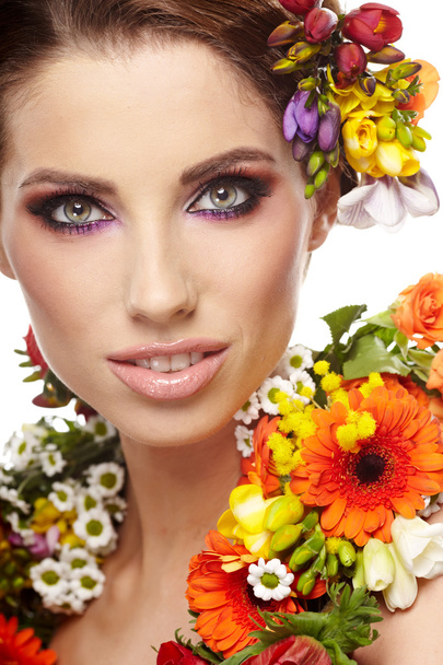 Beautiful woman with flower wreath. Space for text. - Photo, image