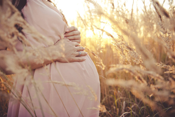 Close-up van zwangere buik in de natuur. Zwanger meisje in de zonsondergang, zwangere vrouw ontspannen buiten in het Park - Foto, afbeelding