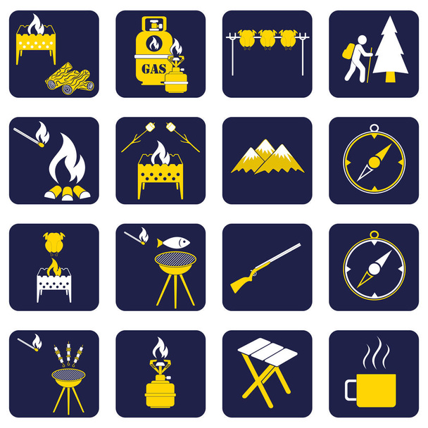 Aantal reizen en camping uitrusting pictogrammen - Vector, afbeelding