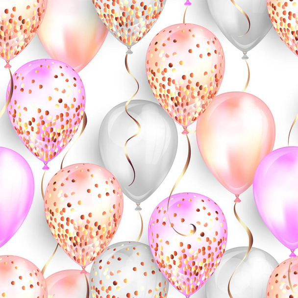 nahtloses Muster aus glänzenden, realistischen 3D-Heliumballons für Ihr Design. Hochglanz-Luftballons mit Glitzer und Schleife, perfekte Dekoration für Geburtstagsbroschüren, Einladungskarte oder Babydusche - Vektor, Bild