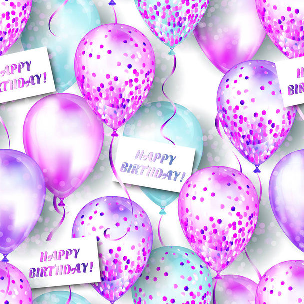 Seamless pattern made of shiny realistic 3D helium balloons for your design. Glossy balloons with glitter and ribbon, perfect decoration for birthday party brochures, invitation card or baby shower - Vector, Image