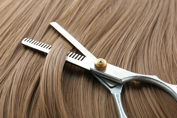 Thinning scissors on light brown hair, closeup. Hairdresser service - Fotografie, Obrázek