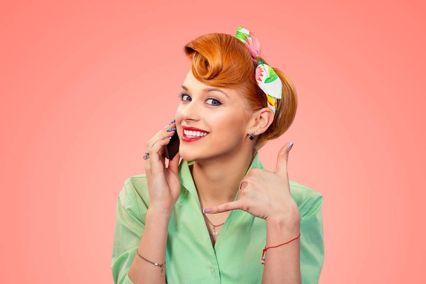 Call me. Pin up style girl with phone - Foto, Imagem