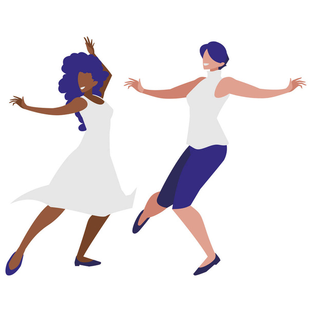 Νεαρά διαφυλετικός κορίτσια που χορεύουν χαρακτήρες - Διάνυσμα, εικόνα