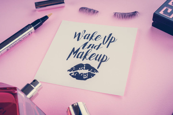 Various makeup products on pink background - Foto, Bild