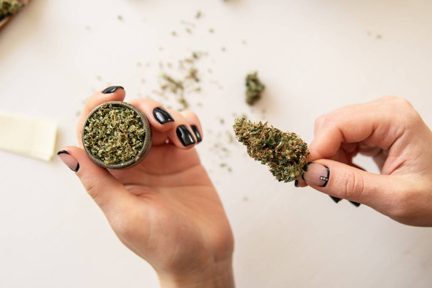 Woman rolling a cannabis blunt on white background. marijuana use concept. Close up of marijuana blunt with grinder. Woman preparing and rolling marijuana cannabis joint. Top view - Photo, Image