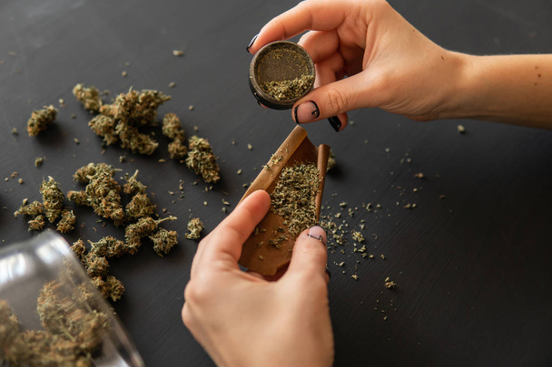 Woman rolling a marijuana joint. Woman preparing and rolling marijuana cannabis joint. Close up of marijuana blunt with grinder. Marijuana use concept. - 写真・画像