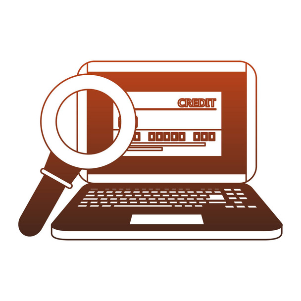 Magnifying glass on laptop with credit card red lines - Vector, Image