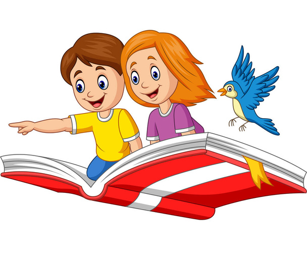Векторні ілюстрації хлопчик і дівчинка політ над книгою - Вектор, зображення