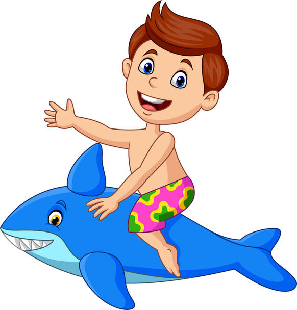 Illustration vectorielle du petit garçon de bande dessinée chevauchant un requin gonflable
 - Vecteur, image