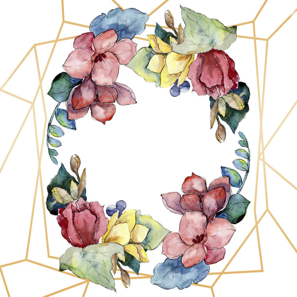 Boeket bloemen botanische bloemen. Aquarel achtergrond afbeelding instellen. Frame grens ornament vierkant. - Foto, afbeelding