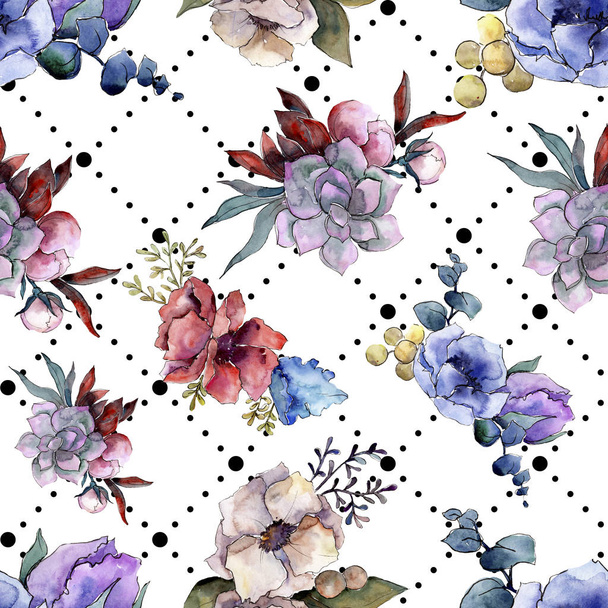 Bouquet floral botanical flowers. Watercolor background illustration set. Seamless background pattern. - Фото, изображение