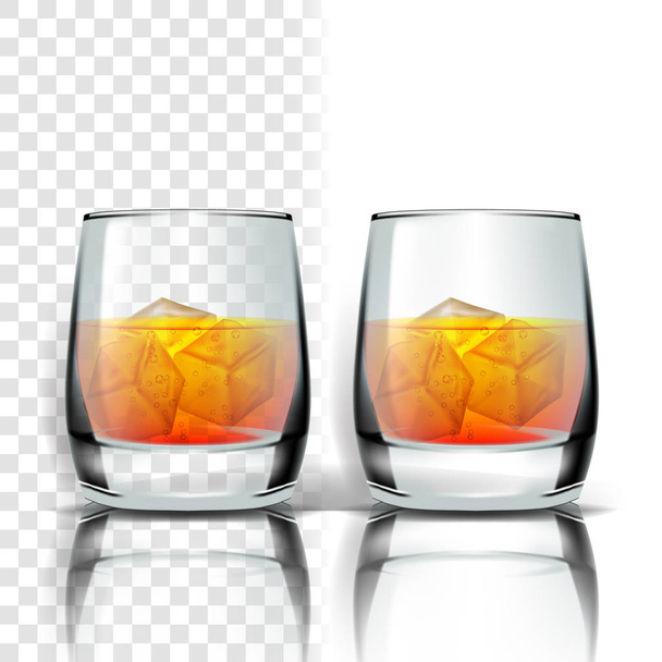 realistisches Glas mit Whisky und Eiswürfelvektor - Vektor, Bild
