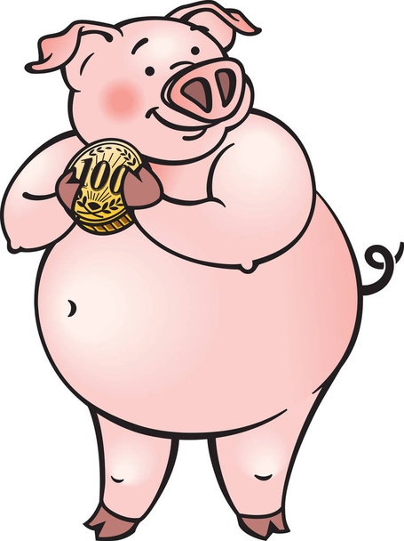 Cartone animato felice maiale rosa in possesso di un denaro moneta
. - Vettoriali, immagini