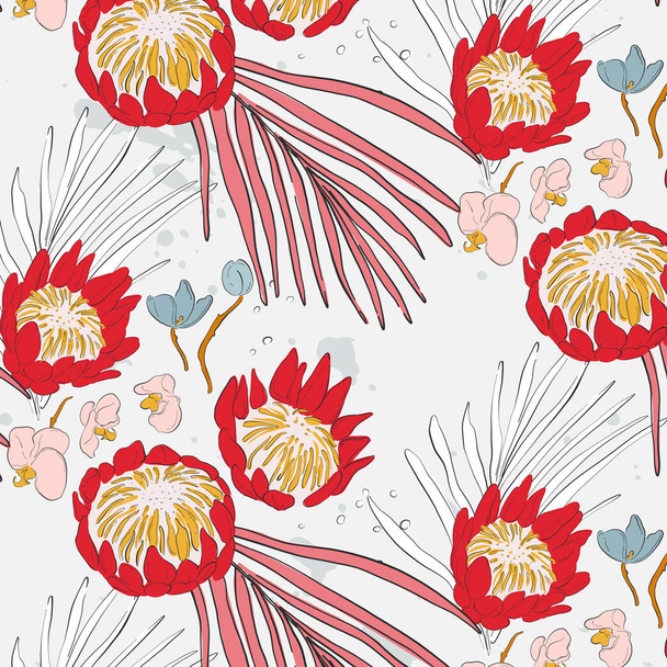蘭と葉のパターンを持つ大きな赤い花。花と美しい春の食感。ジャングルの熱帯の装飾。ロマンチックな織物の生地の背景。夏の自然カバー. - ベクター画像
