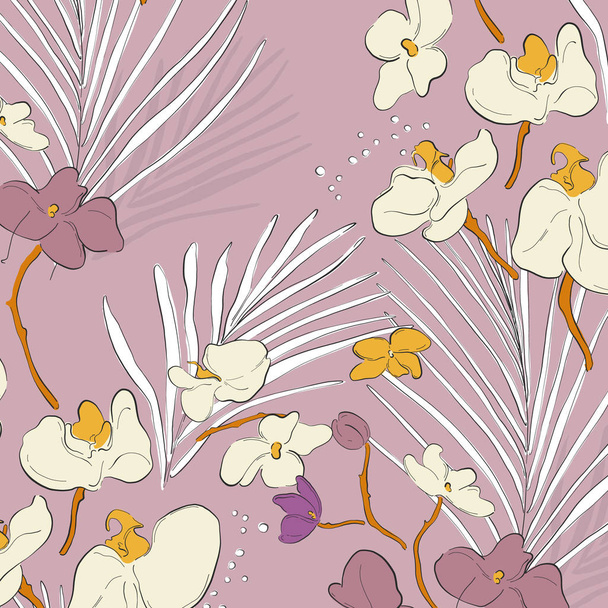 Lehtiorkideat. Kaunis kevät rakenne kukka kukkia. Viidakon trooppinen koristelu. Romanttinen tekstiilikangas tausta. Kesä luonto kansi
. - Vektori, kuva
