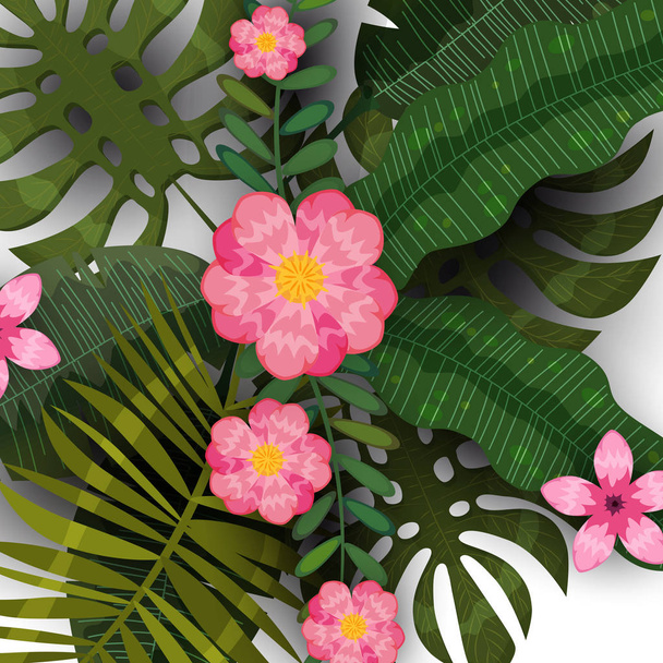 Zomer tropische achtergrond sjabloon van exotische planten en hibiscus bloemen. Trend patroon jungle. Vector, illustratie, geïsoleerd, poster, banner, flyer, uitnodiging - Vector, afbeelding