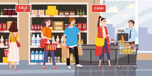 Supermarket or store interior with shelves and goods, groceries, cash desk and cashier. Men and women buyers, cart products. Big shopping center. Vector, illustration, isolated, cartoon style - Vector, Image