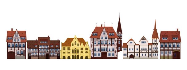 Σύνολο παλιών κτιρίων, προσόψεις, Ευρώπη, μεσαιωνικές παραδόσεις. Διαφορετικά αρχιτεκτονικά στυλ. Πρότυπο, Μπάνερ. Απεικόνιση διανύσματος απομονωμένη σε λευκό φόντο - Διάνυσμα, εικόνα