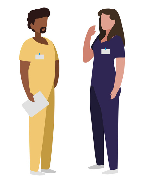 Interracial paar geneeskunde werknemers met uniforme karakters - Vector, afbeelding