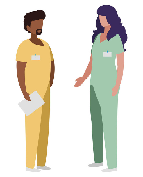 couple interracial travailleurs de la médecine avec des caractères uniformes
 - Vecteur, image