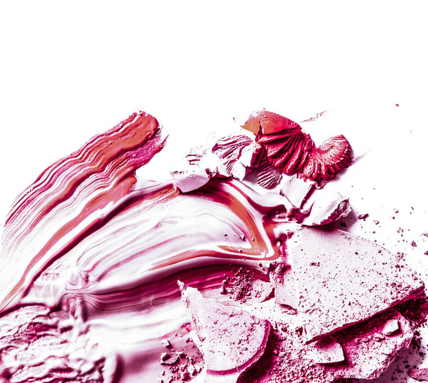 Crushed eyeshadow, powder and liquid foundation close-up isolate - Фото, изображение