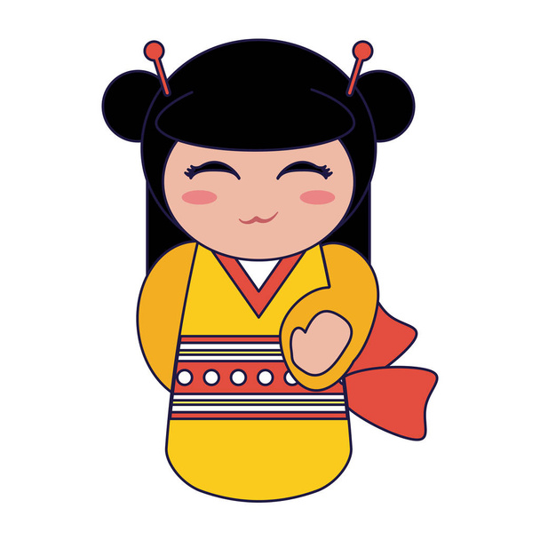 mignonne japonais fille avec kimono bleu lignes
 - Vecteur, image