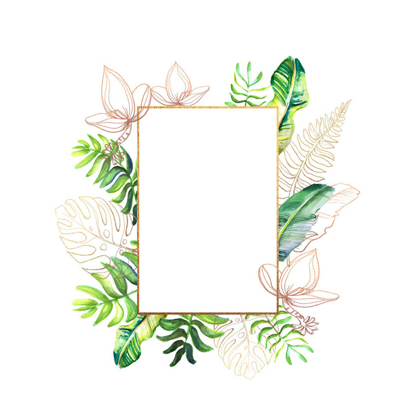 Set of card with tropical leaves and flowers. Floral greeting card. Template for invitations, wedding and any design . Frame - Fotó, kép