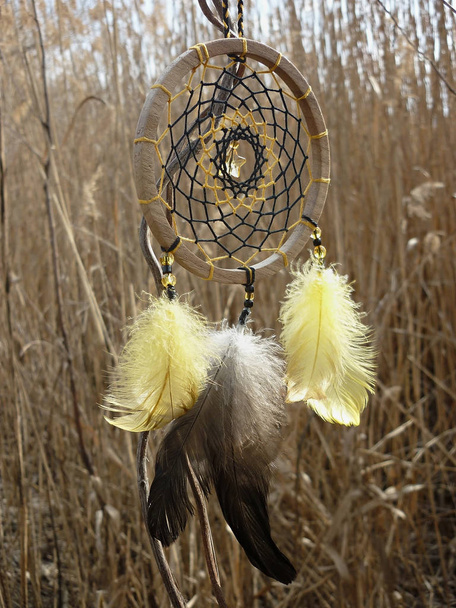 Dream catcher with yellow feathers on the background of reeds. Dreamcatcher sunset, mountains, boho-chic, ethnic amulet, symbol. - Photo, Image