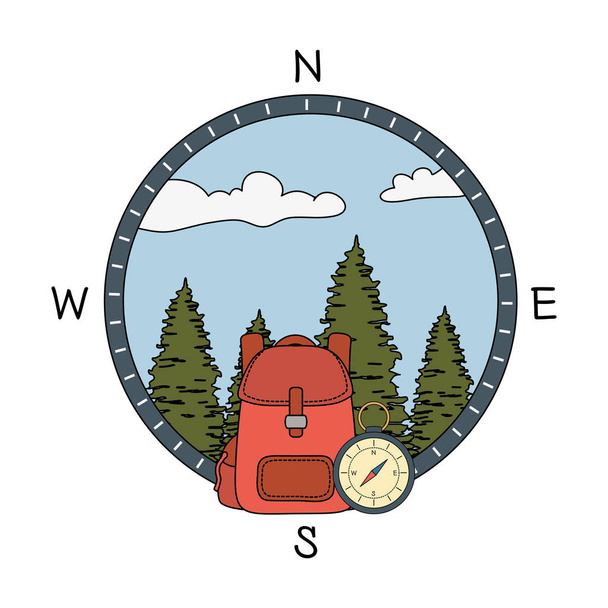 Kompas przewodni z lasu sosny i travelbag - Wektor, obraz