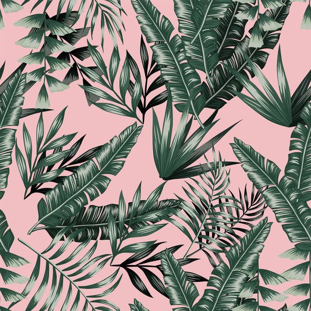 Green tropical leaves with shadow seamless pink background - ベクター画像