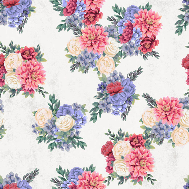Watercolor floral seamless pattern. Hand painted flowers, greeting card template or wrapping paper - Fotoğraf, Görsel
