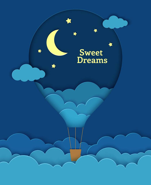 Heißluftballon fliegt über den Wolken in Papierschnitt-Stil. Nacht Landschaft Wolken am Himmel Mond und Sterne. Origami-Stil kretivnaya Vektor-Grußkarte mit den Wünschen der süßen Träume - Vektor, Bild