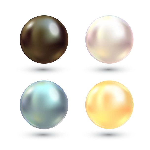 Realistic varicoloured pearls vector set. Precious pearl in sphere form. Pearl is luxury glossy stone illustration - Vetor, Imagem