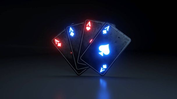 Η ιδέα των καρτών πόκερ τυχερών παιχνιδιών καζίνο με το λαμπερό νέον απομονώνεται στο μαύρο φόντο - Φωτογραφία, εικόνα