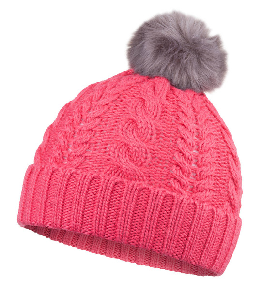Теплая розовая зимняя спортивная шляпа на белом фоне
 - Фото, изображение