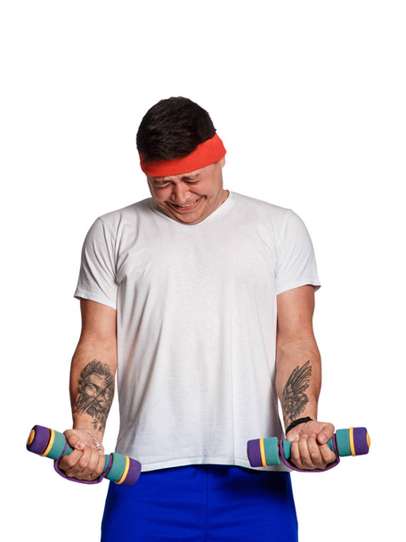 fat man exercising with dumbbells and looking at camera isolated on white - Φωτογραφία, εικόνα
