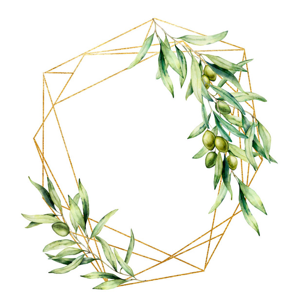 Watercolor polygonal golden frame with olive tree branch, green olives and leaves. Hand drawn floral label isolated on white background. Botanical illustration. Greeting template for design. - Zdjęcie, obraz