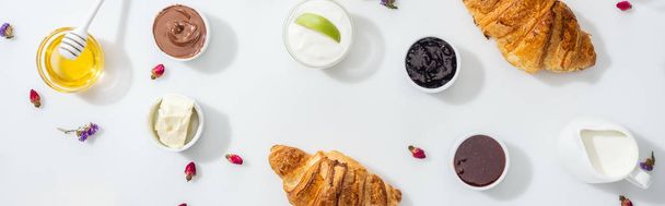 panoramic shot of croissants near bowls with jam, chocolate cream and cream cheese on white  - Fotó, kép
