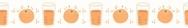 ジュースと濡れた滴の飛沫のガラスと新鮮な絞りオレンジ柑橘系フルーツ漫画. - ベクター画像