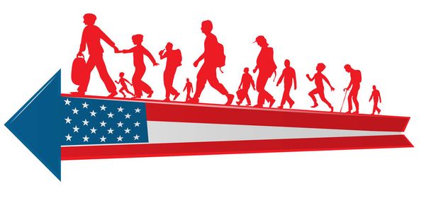 la silhouette della gente di immigrazione che si muove verso la bandiera freccia degli Stati Uniti
 - Vettoriali, immagini