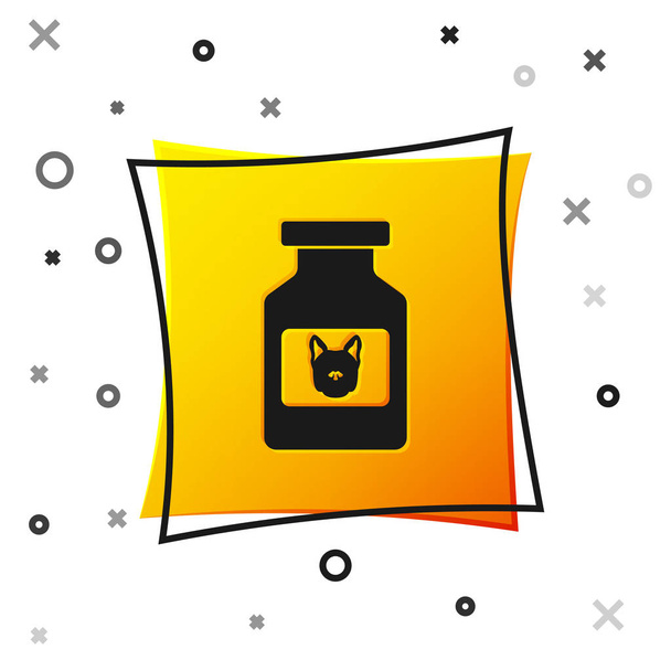 schwarzer Hund Medizin Flasche Symbol isoliert auf weißem Hintergrund. Behälter mit Pillen. Verschreibungspflichtige Medikamente für Tiere. gelber quadratischer Knopf. Vektorillustration - Vektor, Bild