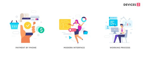 People use gadgets. set of icons, illustration. Smartphones tablets user interface social media.Flat illustration Icons infographics. Landing page site print poster. - Vector, Image