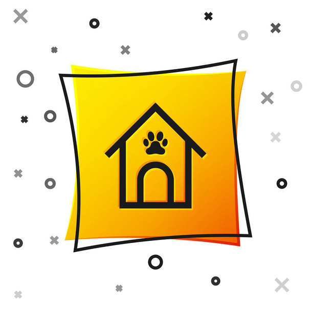 Μαύρο σκυλί σπίτι και το πόδι εκτύπωση εικόνα κατοικίδιο ζώο απομονώνεται σε λευκό φόντο. Σκυλόσπιτο. Κίτρινο κουμπί τετράγωνο. Απεικόνιση διανυσματικών φορέων - Διάνυσμα, εικόνα