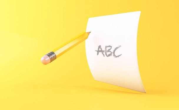 3d Yellow pencil with sheet of paper. Education - Foto, Imagen