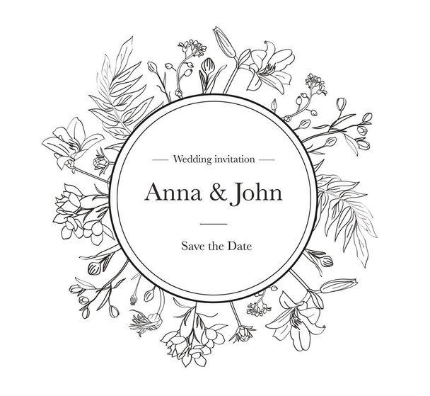 Hermosa invitación de boda elegante con el contorno de flores gráficas y hojas y texto en un círculo. - Vector
 - Vector, imagen