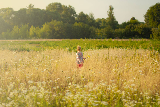 glückliches junges Mädchen mit einer Blume in der Hand rennt über das Feld. - Foto, Bild